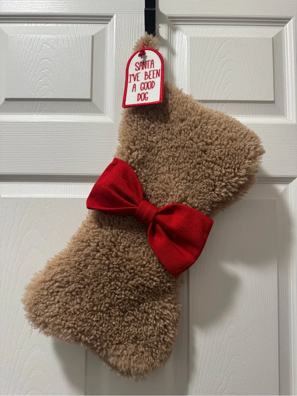 5/$30 Plush Brown Dog Bone Stocking with Red Bow